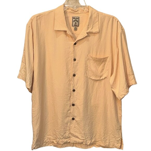 Montego‎ Mon Silk Button Down Peach Short Sleeve Shirt Size Large - Picture 1 of 5